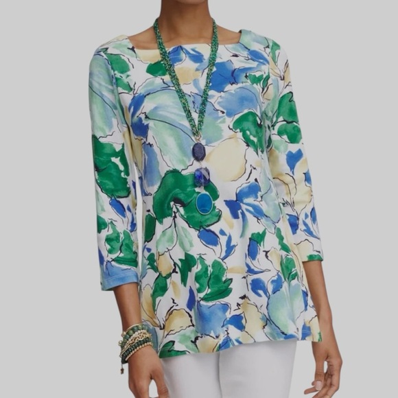 CHICOS Square Neck Pima Cotton Multicolored Elbow Length Size Large Tee - Picture 8 of 8